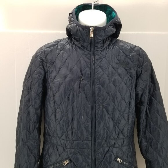 THE NORTH FACE Thermoball  Quilt Jacket Blue Womens Trench Coat With Hood Size S - Picture 3 of 13